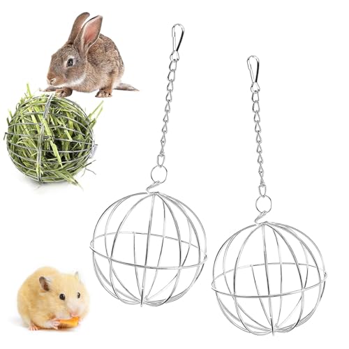 KMOCEPLY 2 x Kaninchen-Heu-Futterstation aus Edelstahl, multifunktional, drehbar, Grasball, Heuspender, hängende Kugel-Futterstation, Spielzeug, Heurack-Schüssel, Zubehör für Kaninchen, Hamster, von KMOCEPLY