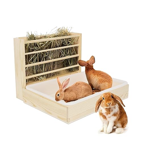 Multifunktionale große Heuraufe mit Toilette, Holztrog für Kaninchen, Heuraufe, komplett mit Tränke und Futternapf, geeignet für Kaninchen, Meerschweinchen, Hamster, Kleintiere (2-in-1) von KMQRDZi