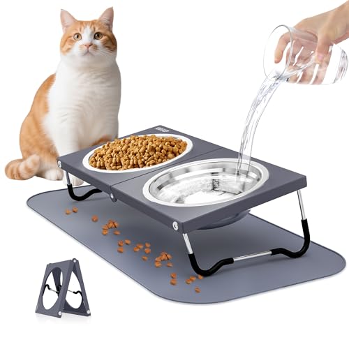 Erhöhte Katzennäpfe, faltbarer, erhöhter Futternapf mit rutschfesten Füßen, 2 Edelstahlnapf für Futter und Wasser, 10° geneigter Ständer, Anti-Erbrechen, tragbarer, erhöhter Katzennapf für drinnen und Erhöhte Katzennäpfe, faltbarer, erhöhter Futternapf mit rutschfesten Füßen, 2 Edelstahlnapf für Futter und Wasser, 10° geneigter Ständer, Anti-Erbrechen, tragbarer, erhöhter Katzennapf für drinnen und von KMXASP