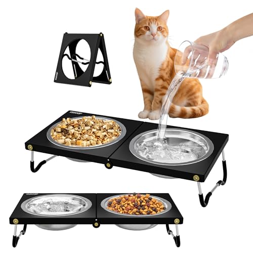 Erhöhte Katzennäpfe, faltbarer, erhöhter Futternapf mit rutschfesten Füßen, 2 Edelstahlnapf für Futter und Wasser, 10° geneigter Ständer, Anti-Erbrechen, tragbarer, erhöhter Katzennapf für drinnen und Erhöhte Katzennäpfe, faltbarer, erhöhter Futternapf mit rutschfesten Füßen, 2 Edelstahlnapf für Futter und Wasser, 10° geneigter Ständer, Anti-Erbrechen, tragbarer, erhöhter Katzennapf für drinnen und von KMXASP