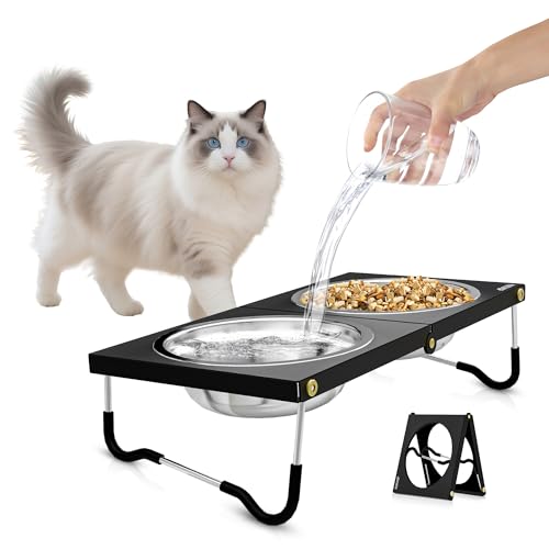 Erhöhte Katzennäpfe, faltbarer, erhöhter Futternapf mit rutschfesten Füßen, 2 Edelstahlnapf für Futter und Wasser, 10° geneigter Ständer, Anti-Erbrechen, tragbares, erhöhtes Katzennapf für drinnen und Erhöhte Katzennäpfe, faltbarer, erhöhter Futternapf mit rutschfesten Füßen, 2 Edelstahlnapf für Futter und Wasser, 10° geneigter Ständer, Anti-Erbrechen, tragbares, erhöhtes Katzennapf für drinnen und von KMXASP