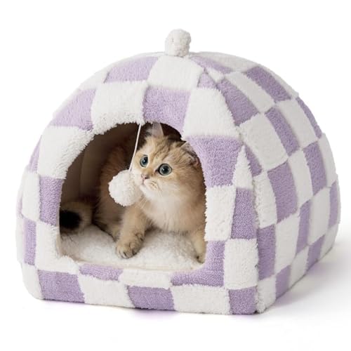 Niedliches Katzenbett - 2-in-1 Katzenhöhlenbett für Kätzchen und kleine Haustiere mit abnehmbaren und waschbaren gepolsterten Kissen, bequemes Kätzchen-Zelt mit rutschfester Unterseite von KMXMINOZY