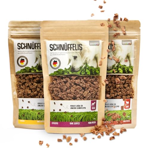 KNAUDER'S Best - Hundeleckerli Schnüffelis - 3X 100g Huhn & RIND & Pferd Snacks - Hunde Leckerlis aus 100% Fleisch - Hundeleckerli getreidefrei & ohne chemische Zusatzstoffe - Leckereien für Hunde KNAUDER'S Best - Hundeleckerli Schnüffelis - 3X 100g Huhn & RIND & Pferd Snacks - Hunde Leckerlis aus 100% Fleisch - Hundeleckerli getreidefrei & ohne chemische Zusatzstoffe - Leckereien für Hunde von KNAUDER´S BEST