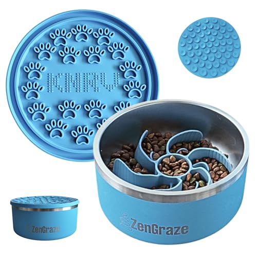 ZenGraze 5-in-1 Futternapf für Hunde, langsames Fressnapf, Edelstahl, mit Aufbewahrungsdeckel, Silikon-Einsatz und Leckmatte für Anreicherung oder Angstlinderung, von ZenGraze (Eli Blue, 1,8 l) von KNRV Commerce