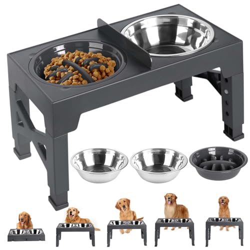 KOAVAE Erhöhter Hundenapf, 5 Höhenverstellbar Futternapf mit über rutschfeste Gummipad, geräuscharme Leiste, Slow-Food-Bowl, ABS, 1000ml (Stil A) von KOAVAE