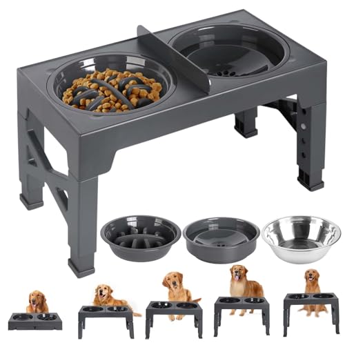 KOAVAE Erhöhter Hundenapf, 5 Höhenverstellbar Futternapf mit über rutschfeste Gummipad, geräuscharme Leiste, Slow-Food-Bowl, ABS, 1000ml (Stil B) von KOAVAE