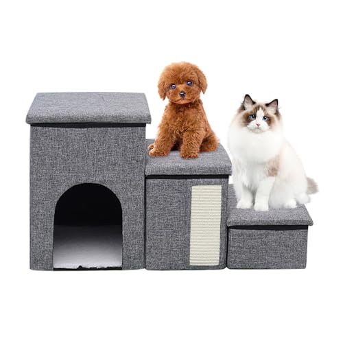 KOAVAE Faltbare Hundetreppe 3 Stufen mit Stauraum & breiteren Stufen, Katzentreppe, Aufbewahrungsbox, Hundetreppe, utschfeste Haustiertreppe, Hunderampe für klein/ältere/große Hunde von KOAVAE