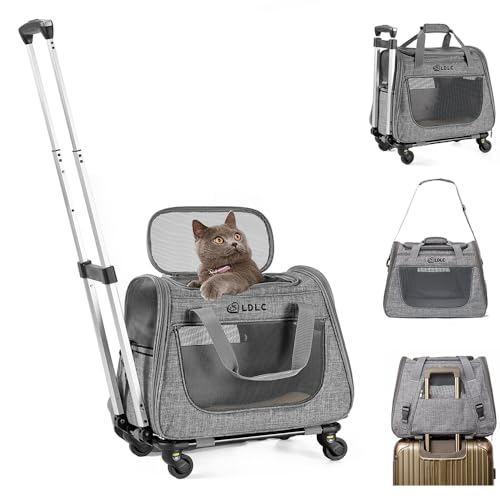 KOAVAE Katzen Transportboxen Bis zu 6 kg, 3 Öffnungen, Haustiertransporter mit 2 seitliche Aufbewahrungstaschen, Teleskopgriff und Räder, Transportbox Hund mit Trolley für kleine Hunde und Katzen von KOAVAE