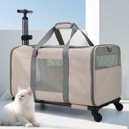 Transporttasche mit Rollen, Teleskopstiel, bis 8 kg, Hundetragetasche Schultergurt, Belüftetes Design, Abnehmbarer Faltbarer Katzentasche, Haustier Trolley für kleine Hunde und Katzen (Khaki) von KOAVAE