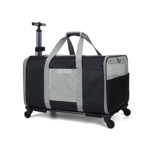 Transporttasche mit Rollen, Teleskopstiel, bis 8 kg, Hundetragetasche Schultergurt, Belüftetes Design, Abnehmbarer Faltbarer Katzentasche, Haustier Trolley für kleine Hunde und Katzen (Schwarz) von KOAVAE