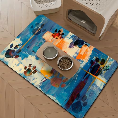 Futtermatte für kleine Hunde, saugfähige Matten für Futter und Wassernapf, Haustier-Tischset für Hunde, Katzen, Welpenzubehör, 30,5 x 48,3 cm (Pfotenabdrücke auf bunt) von KOBWOPI