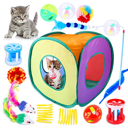 KOCAN Katzenspielzeug 15-teiliges Kätzchenspielzeug-Set Interaktives Katzenspielzeug für Katzen im Innenbereich mit zusammenklappbarem Katzenzelttunnel Interaktives Katzenfederspielzeug Feder Teaser von KOCAN