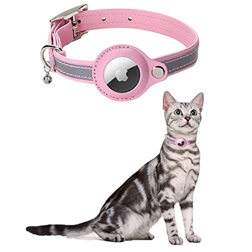 KOCNYDEY Leder reflektierende AirTag Katze Halsband, Anti-Lost Katze Halsband mit Einstellbarer Halterung & Bell integriert Apple Air Tag Katzenhalsband für Katzen kleine Hunde (Rosa) von KOCNYDEY