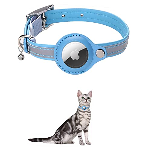 KOCNYDEY Leder reflektierende AirTag Katze Halsband, Anti-Lost Katze Halsband mit Einstellbarer Halterung & Bell integriert Apple Air Tag Katzenhalsband für Katzen kleine Hunde (Blau) von KOCNYDEY