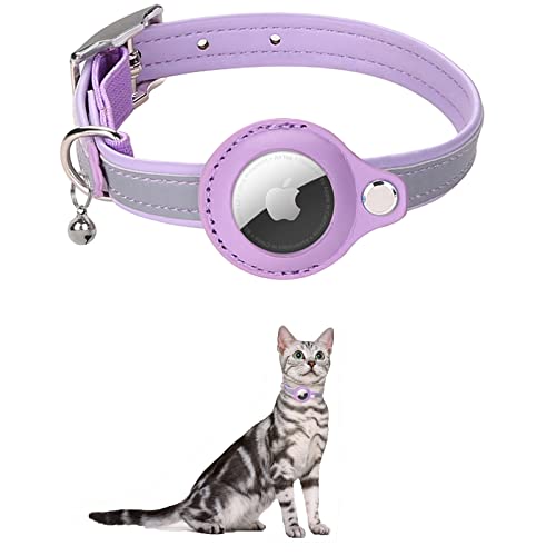 KOCNYDEY Leder reflektierende AirTag Katze Halsband, Anti-Lost Katze Halsband mit Einstellbarer Halterung & Bell integriert Apple Air Tag Katzenhalsband für Katzen kleine Hunde (Lila) von KOCNYDEY