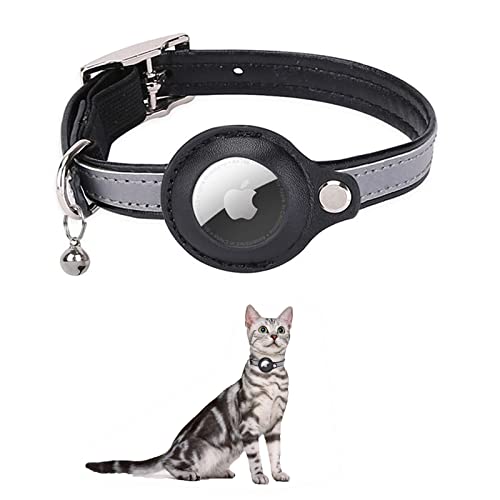 KOCNYDEY Leder reflektierende AirTag Katze Halsband, Anti-Lost Katze Halsband mit Einstellbarer Halterung & Bell integriert Apple Air Tag Katzenhalsband für Katzen kleine Hunde (Schwarz) von KOCNYDEY