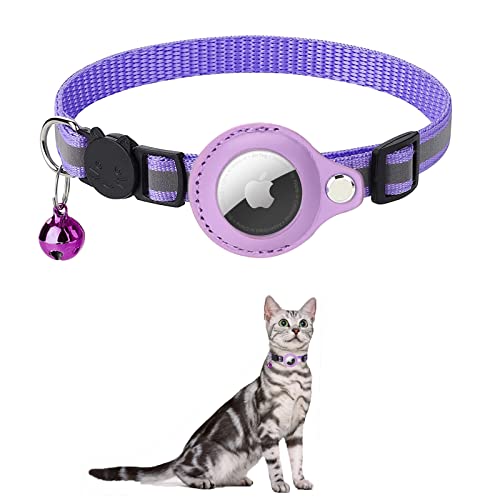 KOCNYDEY Reflektierendes AirTag Katzenhalsband, Anti-Lost Cat Tracker Halsband mit verstellbarem Halter & integrierter Glocke Apple Air Tag Katzenhalsband für Katzen kleine Hunde Welpen (Lila) von KOCNYDEY