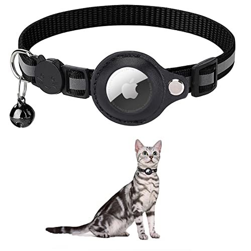 KOCNYDEY Reflektierendes AirTag Katzenhalsband, Anti-Lost Cat Tracker Halsband mit verstellbarem Halter & integrierter Glocke Apple Air Tag Katzenhalsband für Katzen kleine Hunde Welpen (Schwarz) von KOCNYDEY