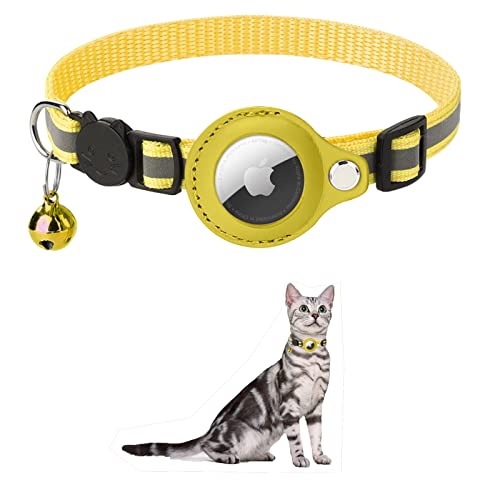 KOCNYDEY Reflektierendes AirTag Katzenhalsband, Anti-Lost Cat Tracker Halsband mit verstellbarem Halter & integrierter Glocke Apple Air Tag Katzenhalsband für Katzen kleine Hunde Welpen (Gelb) von KOCNYDEY