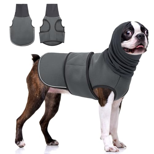 KOESON Beruhigender Kapuzenpullover für Hunde, Donnerjacke mit Ohrwickel, atmungsaktive Hunde-Angstweste für Donner, Feuerwerk, Reisen, Trennung, Komfort, Haustier-Angstlinderung, Grau, Größe M von KOESON