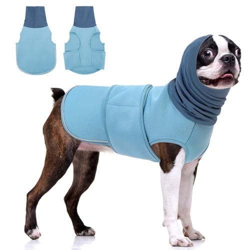 KOESON Beruhigender Kapuzenpullover für Hunde, Donnerjacke mit Ohrwickel, atmungsaktive Hunde-Angstweste für Donner, Feuerwerk, Reisen, Trennung, Komfort, Haustier-Angstlinderung, Hellblau, Größe S von KOESON