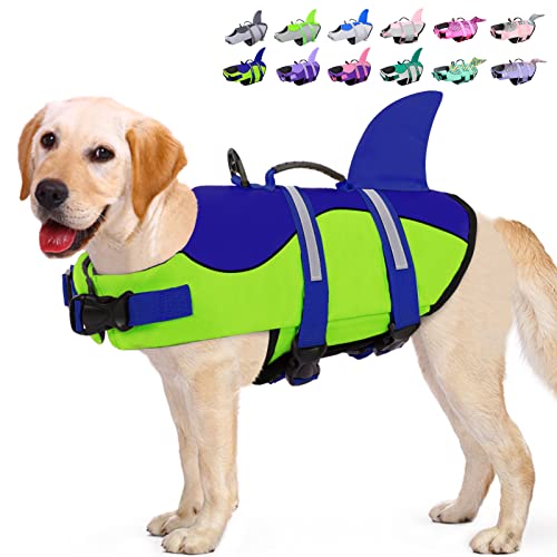 KOESON Hunde-Schwimmweste Hai, Hundeschwimmweste mit Rettungsgriff, Ripstop-Haustier-Schwimmmantel zum Schwimmen, Sicherheits-Hundelebensretter, Haustier-Schwimmschutz, Blau,Grün XL von KOESON