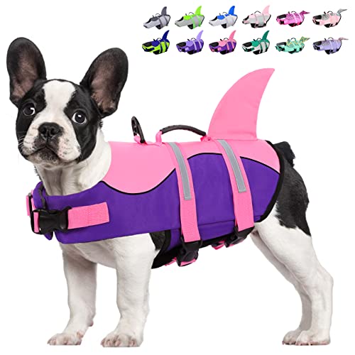 KOESON Hunde-Schwimmweste Hai, Hundeschwimmweste mit Rettungsgriff, Ripstop-Haustier-Schwimmmantel zum Schwimmen, Sicherheits-Hundelebensretter, Haustier-Schwimmschutz, Rosa,Violett XS von KOESON