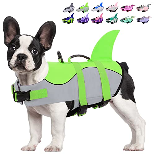 KOESON Hunde-Schwimmweste Hai, Hundeschwimmweste mit Rettungsgriff, Ripstop-Haustier-Schwimmmantel zum Schwimmen, Sicherheits-Hundelebensretter, Haustier-Schwimmschutz, grüner Hai, XS von KOESON