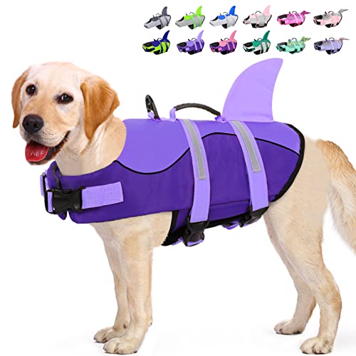KOESON Hunde-Schwimmweste Hai, Hundeschwimmweste mit Rettungsgriff, Ripstop-Haustier-Schwimmmantel zum Schwimmen, Sicherheits-Hundelebensretter, Haustier-Schwimmschutz, lila, XXL von KOESON