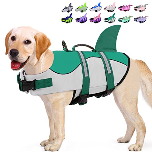 KOESON Hunde-Schwimmweste Hai, Hundeschwimmweste mit Rettungsgriff, Ripstop-Haustier-Schwimmmantel zum Schwimmen, Sicherheits-Hundelebensretter, Haustier-Schwimmschutz, tiefgrün, L von KOESON