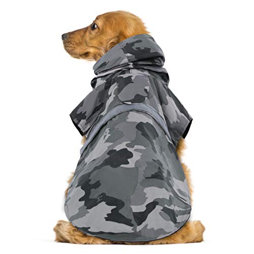 KOESON Regenmantel für Hunde, wasserdicht, reflektierend, verstellbar, mit Leinen-Loch, Camouflage, leicht, Regenjacke für mittelgroße und große Hunde, Grau von KOESON