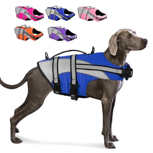 KOESON Ripstop Hundeschwimmweste, Hundeschwimmweste mit überlegenem Auftrieb Haustier Schwimmen Sicherheitsweste mit Rettungsgriff, mittelgroße und große Hunde, Blau L von KOESON