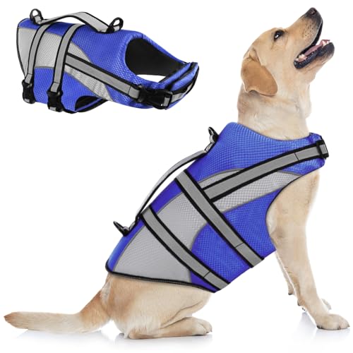 KOESON Ripstop Hundeschwimmweste, Hundeschwimmweste mit überlegenem Auftrieb Haustier Schwimmen Sicherheitsweste mit Rettungsgriff, mittelgroße und große Hunde, Blau S von KOESON