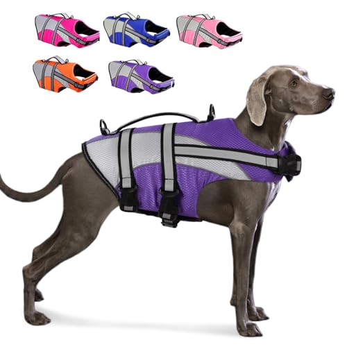 KOESON Ripstop Hundeschwimmweste, Hundeschwimmweste mit überlegenem Auftrieb Haustier Schwimmen Sicherheitsweste mit Rettungsgriff, mittelgroße und große Hunde, Lila XL von KOESON