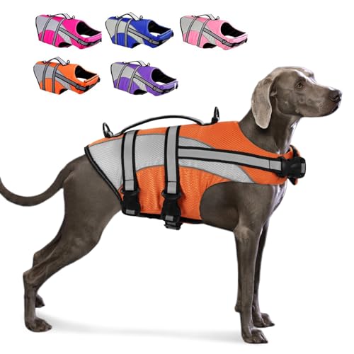 KOESON Ripstop Hundeschwimmweste, Hundeschwimmweste mit überlegenem Auftrieb Haustier Schwimmen Sicherheitsweste mit Rettungsgriff, mittelgroße und große Hunde, Orange 2XL von KOESON