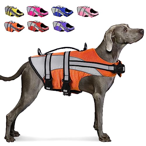 KOESON Ripstop Hundeschwimmweste, Hundeschwimmweste mit überlegenem Auftrieb Haustier Schwimmen Sicherheitsweste mit Rettungsgriff, mittelgroße und große Hunde, Orange L von KOESON