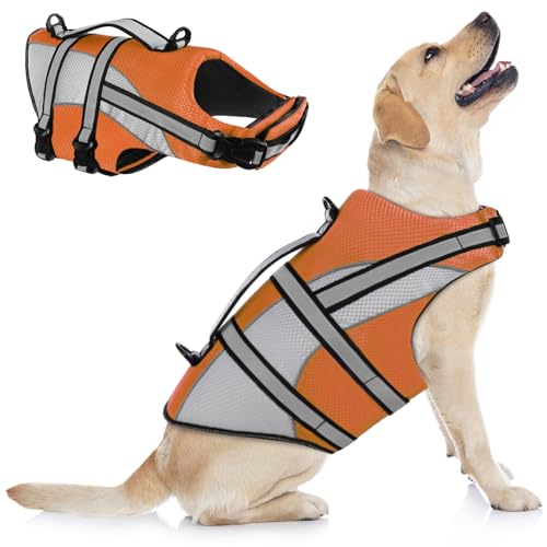 KOESON Ripstop Hundeschwimmweste, Hundeschwimmweste mit überlegenem Auftrieb Haustier Schwimmweste Sicherheitsweste mit Rettungsgriff, mittelgroße und große Hunde, Orange S von KOESON