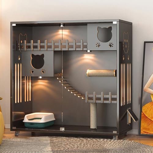 Große Innenkatze, Katzenhaus, Holz große Katzenvilla, Multi-Feature-Katzen-Eigentumswohnung mit Fluchttür, hölzerne Katzenhaus im Freien und radelte (Farbe: Schwarz, Größe: 60 * 60 * 120 cm) von KOIAMVZW