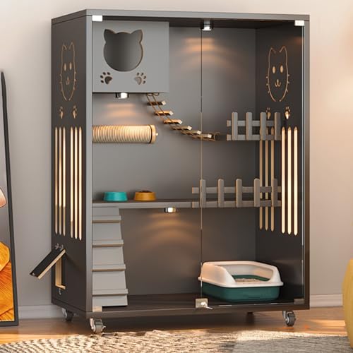 Große Innenkatze, Katzenhaus, Holz große Katzenvilla, Multi-Feature-Katzen-Eigentumswohnung mit Fluchttür, hölzerne Katzenhaus im Freien und radelte (Farbe: Schwarz, Größe: 60 * 60 * 120 cm) von KOIAMVZW