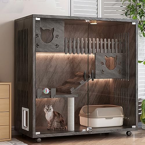 Hölzerne Innenkatze Gehege, geräumige Holzkatze-Katze-Katzen-Käfigvilla, ohne Fluchttür stabiles Massivholz mit Rädern (Farbe: C3, Größe: 120 * 60 * 60 cm) Decoration von KOIAMVZW