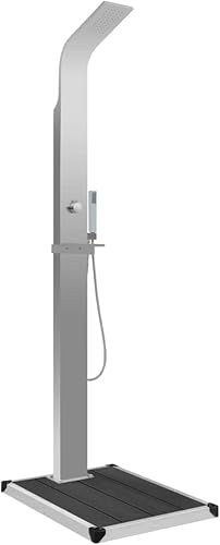 KOIECETA Gartendusche mit Bodenelement Außendusche Dusche Garten Duschwanne Pooldusche Regendusche Campingdusche Outdoor Edelstahl WPC (A, Grau) von KOIECETA