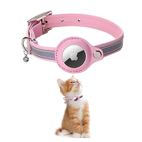 KOLACEN Leder Reflektierendes AirTag Katzenhalsband, Airtag mit Airtag Hülle und Glocke, Einstellbares Airtag Katzenhalsband mit abbrechbarer Sicherheitsschnalle für Katzen Kätzchen Welpen (Rosa) von KOLACEN