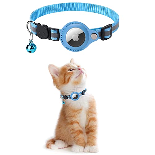 KOLACEN Reflektierendes AirTag Katzenhalsband, Airtag mit Airtag Hülle und Glocke, Einstellbares Airtag Katzenhalsband mit abbrechbarer Sicherheitsschnalle für Welpen Katzen Kätzchen (Blau) von KOLACEN