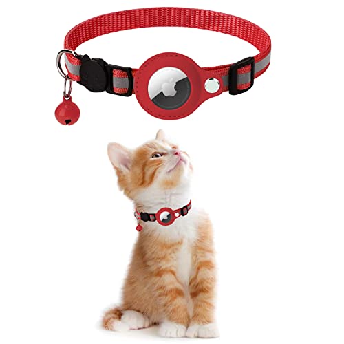 KOLACEN Reflektierendes AirTag Katzenhalsband, Airtag mit Airtag Hülle und Glocke, Einstellbares Airtag Katzenhalsband mit abbrechbarer Sicherheitsschnalle für Welpen Katzen Kätzchen (Rot) von KOLACEN