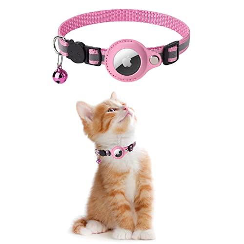 KOLACEN Reflektierendes AirTag Katzenhalsband, Airtag mit Airtag Hülle und Glocke, Einstellbares Airtag Katzenhalsband mit abbrechbarer Sicherheitsschnalle für Welpen Katzen Kätzchen (Rosa) von KOLACEN