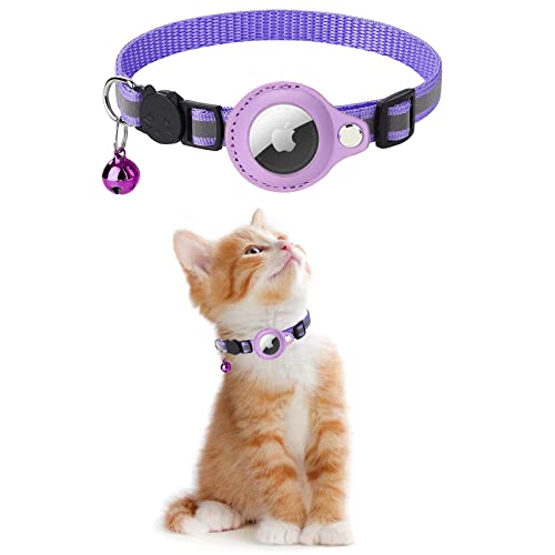 KOLACEN Reflektierendes AirTag Katzenhalsband, Airtag mit Airtag Hülle und Glocke, Einstellbares Airtag Katzenhalsband mit abbrechbarer Sicherheitsschnalle für Welpen Katzen Kätzchen (Lila) von KOLACEN