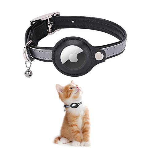 KOLACEN Leder Reflektierendes AirTag Katzenhalsband, Airtag mit Airtag Hülle und Glocke, Einstellbares Airtag Katzenhalsband mit abbrechbarer Sicherheitsschnalle für Katzen Kätzchen Welpen (Schwarz) von KOLACEN