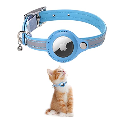 KOLACEN Leder Reflektierendes AirTag Katzenhalsband, Airtag mit Airtag Hülle und Glocke, Einstellbares Airtag Katzenhalsband mit abbrechbarer Sicherheitsschnalle für Katzen Kätzchen Welpen (Blau) von KOLACEN