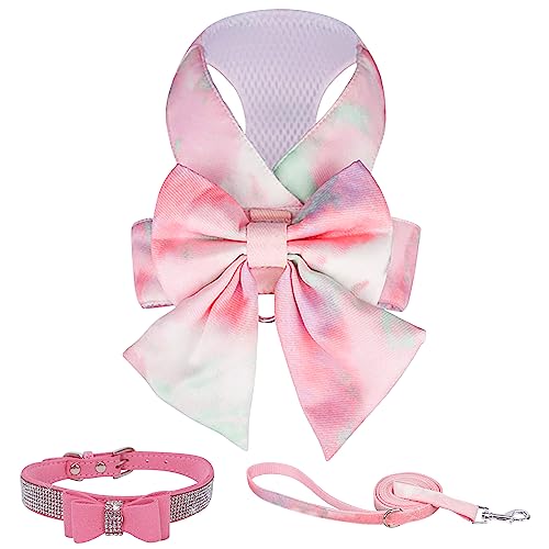 Hundegeschirr mit Fliege, mit Leine und Schleife, Halsband, kein Ziehen, Farbverlauf, Regenbogen-Hundegeschirr und Glitzer-Diamant-Halsbandkette, atmungsaktives Netzgewebe, Haustierweste, Geschirr für Hundegeschirr mit Fliege, mit Leine und Schleife, Halsband, kein Ziehen, Farbverlauf, Regenbogen-Hundegeschirr und Glitzer-Diamant-Halsbandkette, atmungsaktives Netzgewebe, Haustierweste, Geschirr für von KOLODOGO