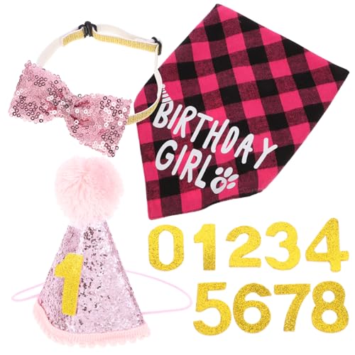 KOMBIUDA Katze Geburtstagshut Set mit Schleife und Lätzchen Geburtstagsdeko für Katzen und Kleine Haustiere Großes Rosa Set mit Nummer Bequemes Partyzubehör für Katzen und Welpen von KOMBIUDA